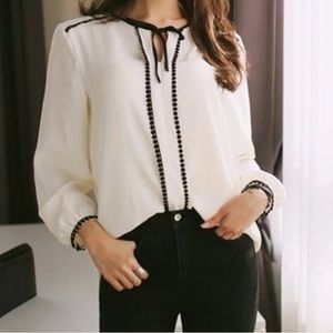 Zara beige, white tie-neck  blouse /long sleeve shirt/top